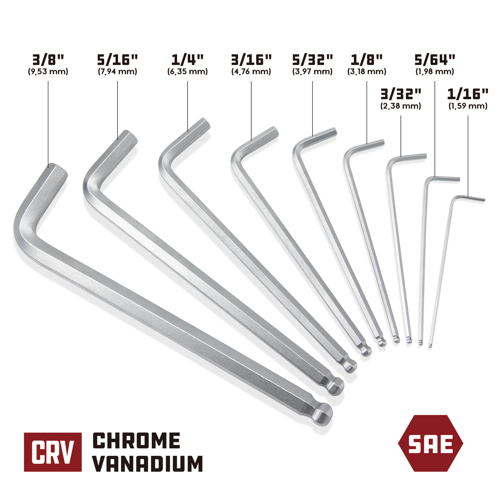 Powerbuilt 9 Piece SAE Long Arm Hex Key Wrench Set - 640081
