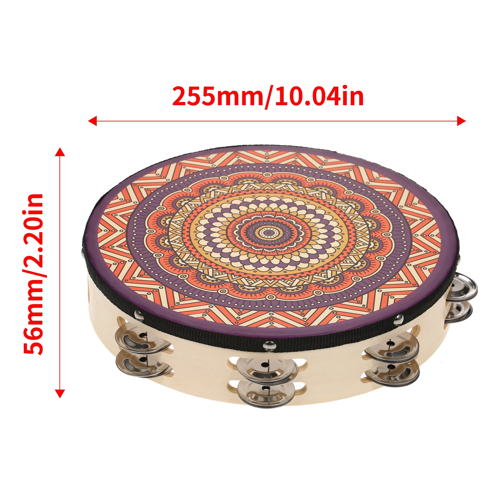 10 Inch Wooden Tambourine Handbell Hand Drum with Double Row 16pcs Metal Cymbals Jingles Musical Percussion Instrument for Kids Games Adults Apply to Church KTV Party
