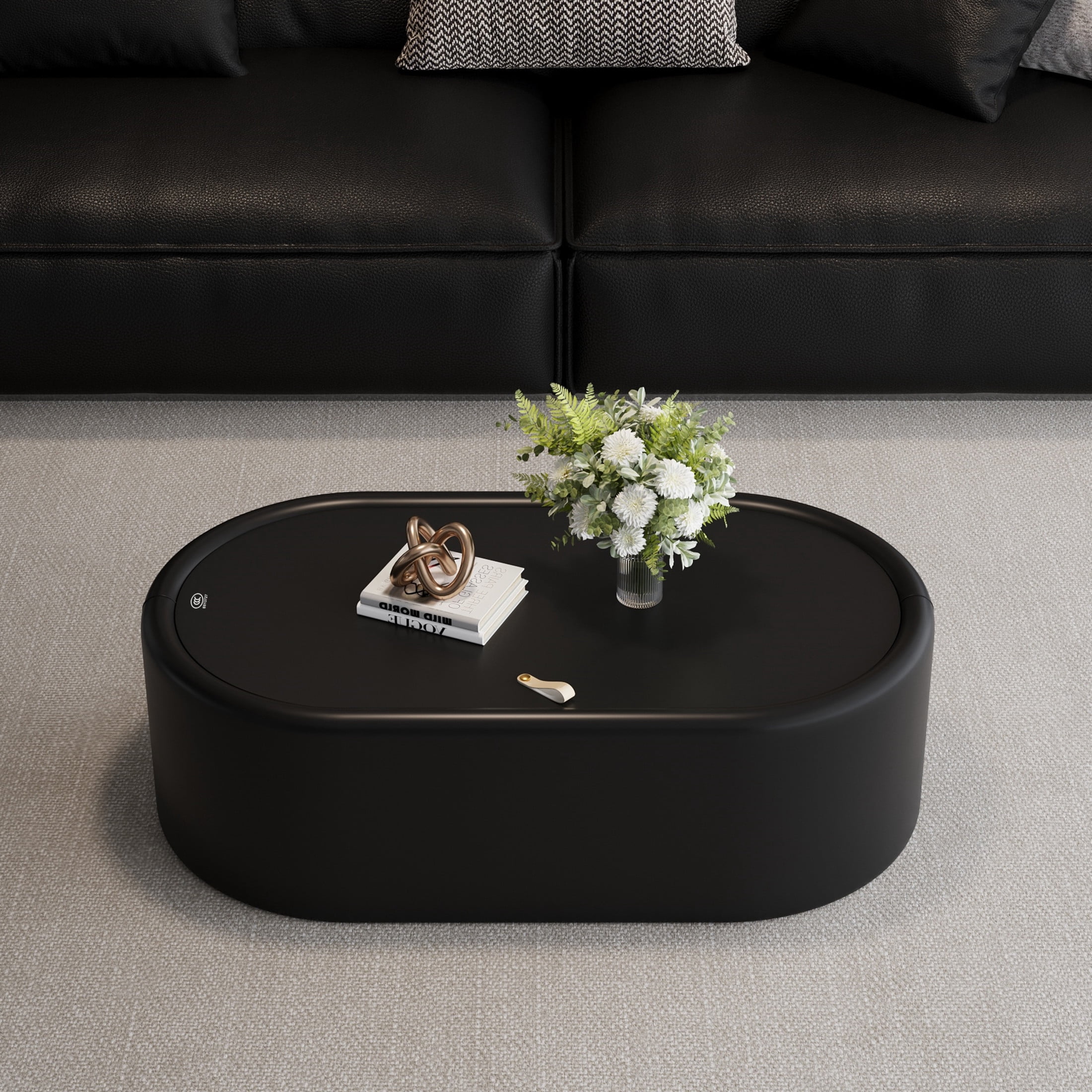 Noble House Morade 33.5" Fluted Curved Rectangle Storage Coffee Table with Glass Top & Leather Wrapped for Living Room, Black