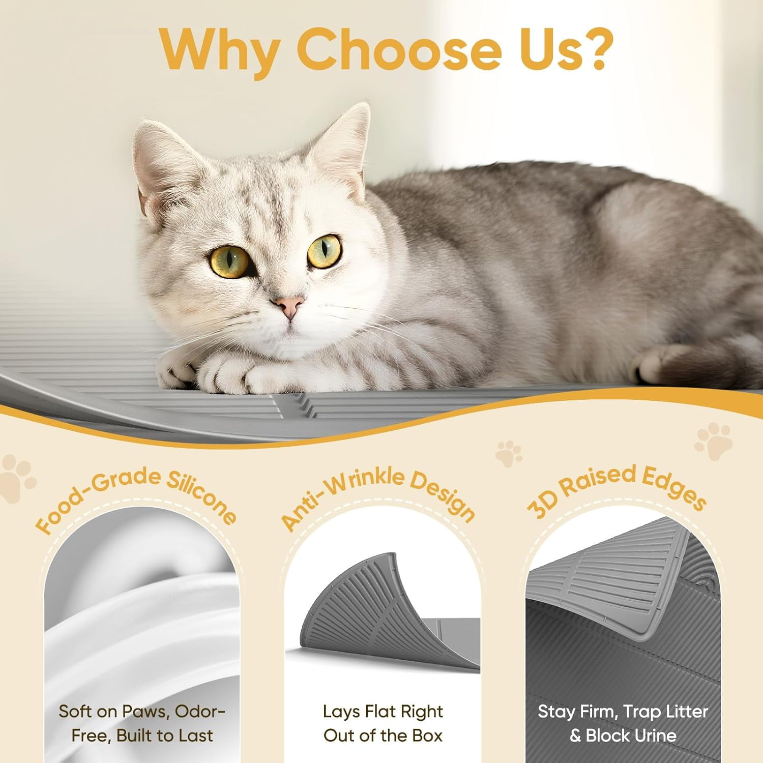 XXL Extra Large Cat Litter Mat, Silicone Litter Box Mat for Floor, Waterproof & Non-Slip, Easy to Clean, Cat Litter Trapping Mat & Kitty Litter Catcher for Scatter Control (Gray)