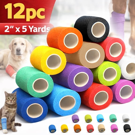 Vet Wrap from Emlimny Pack of 12 Self Adhesive Bandage Wrap, 2”x 5 Yards for Dogs, Cats, and Horses, Breathable and Water-Resistant Vet Tape for Ankle Sprains and Swelling