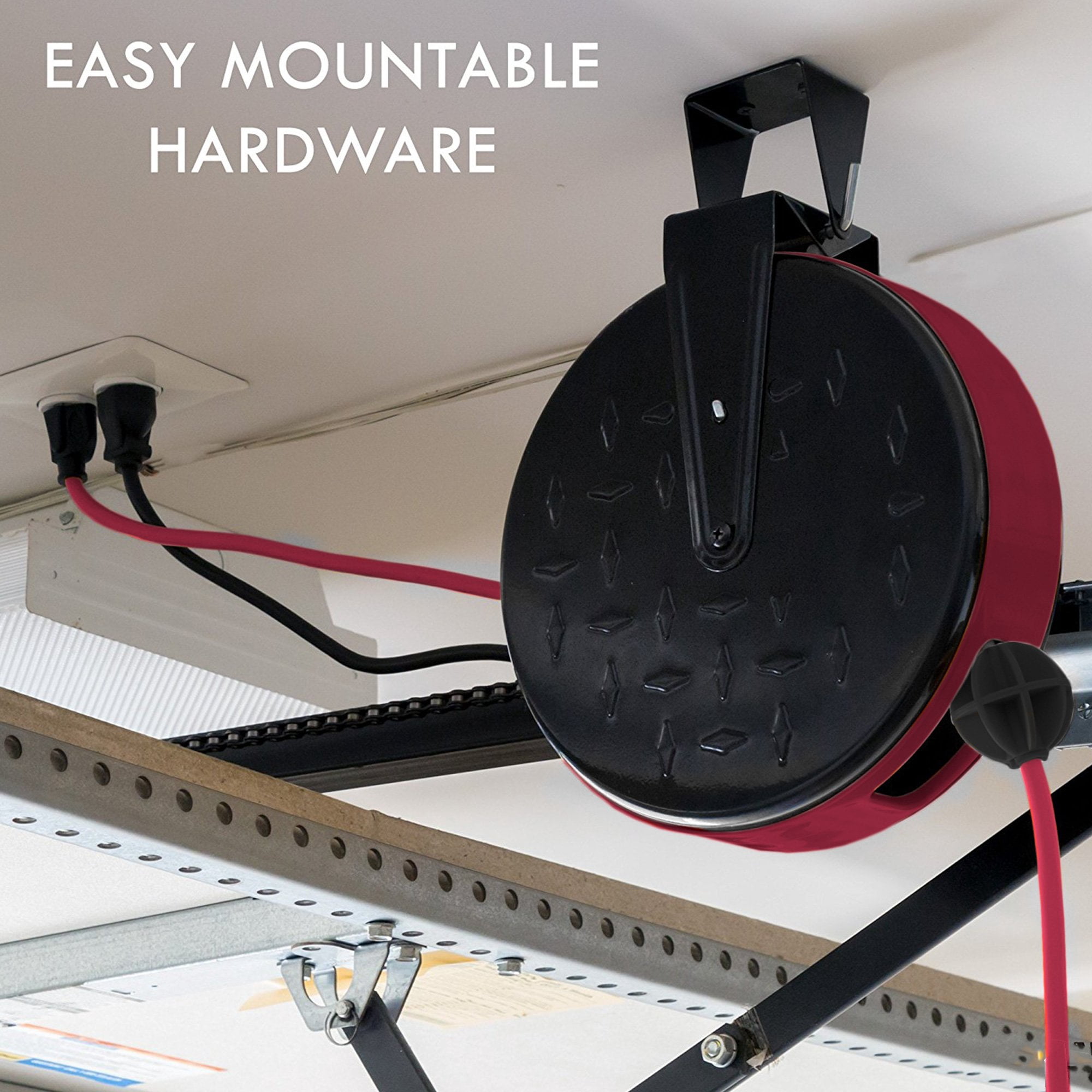 IRON FORGE CABLE 30Ft Retractable Extension Cord Reel with Breaker Switch & 3 Electrical Power Outlets - 16/3 SJTW Durable Red Cable - Perfect for Hanging from Your Garage Ceiling