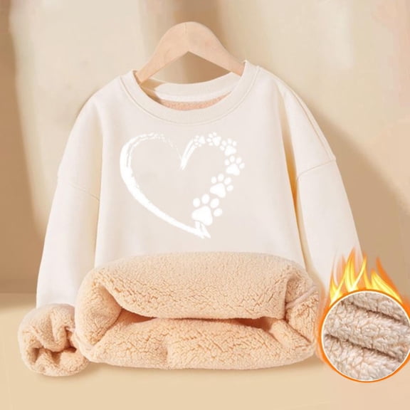 CUZIBR Baby Girls Crewneck Sweatshirt Sherpa Lined Cartoon Love Heart Graphic Pullover Long Sleeve Comfort Streetwear,Beige,4-5 Years