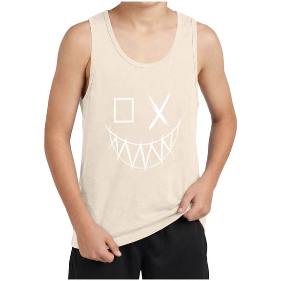 Boys Graphic Tank Top with Grinning Face Print, Breathable Stretch Fabric for Hall-oween & Casual Wear, Age 6-14, Beige,Size 10-11T