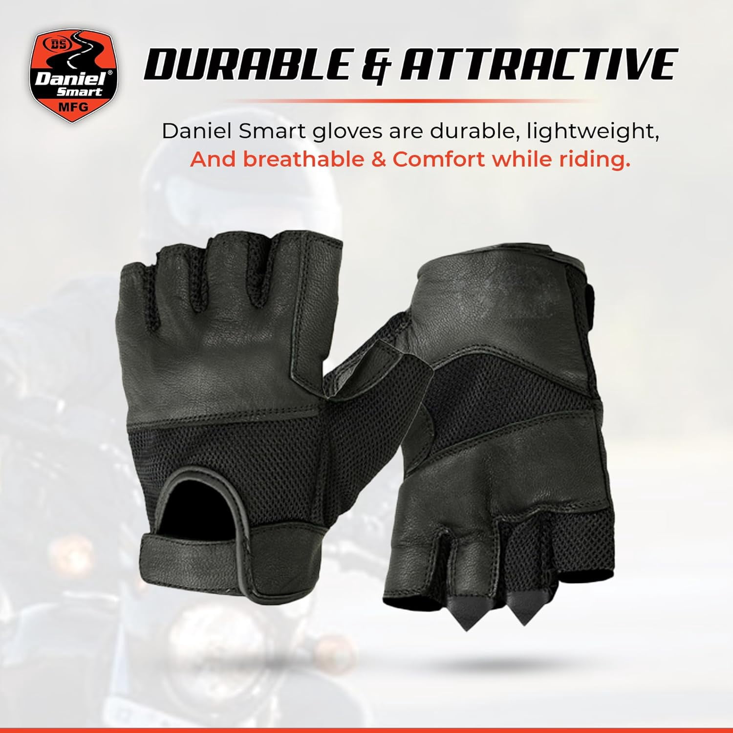 Daniel Smart Men’s Leather Gloves Fingerless Motorcycle Gloves with Gel Palm, Mesh and Synthetic Leather for Maximum Airflow