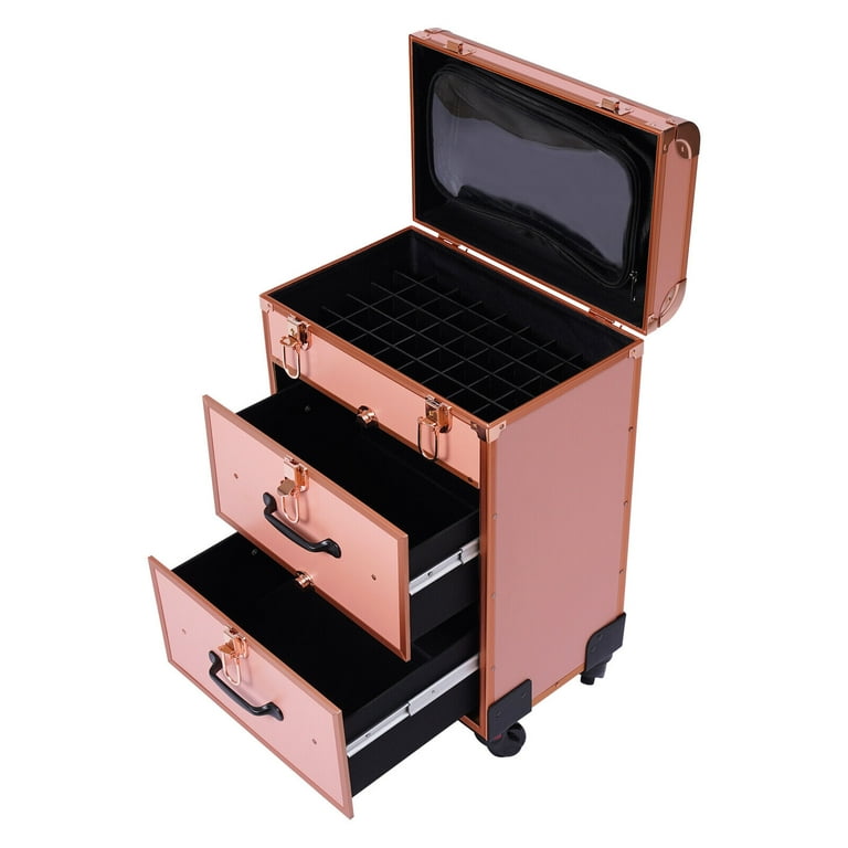 Flkoendmall Rolling Makeup Case Aluminum Salon Cosmetic Train Trolley 4 Wheeled Organizer, Size: 28.5*25*58cm/11.2*9.8*22.8inch, Gold