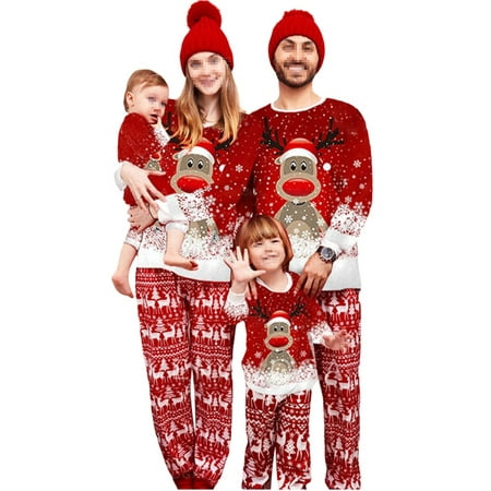

FOCUSNORM Matching Family Pajamas Sets Christmas PJ s with Deer Snowflake Print Long Sleeve Tee and Pants Loungewear