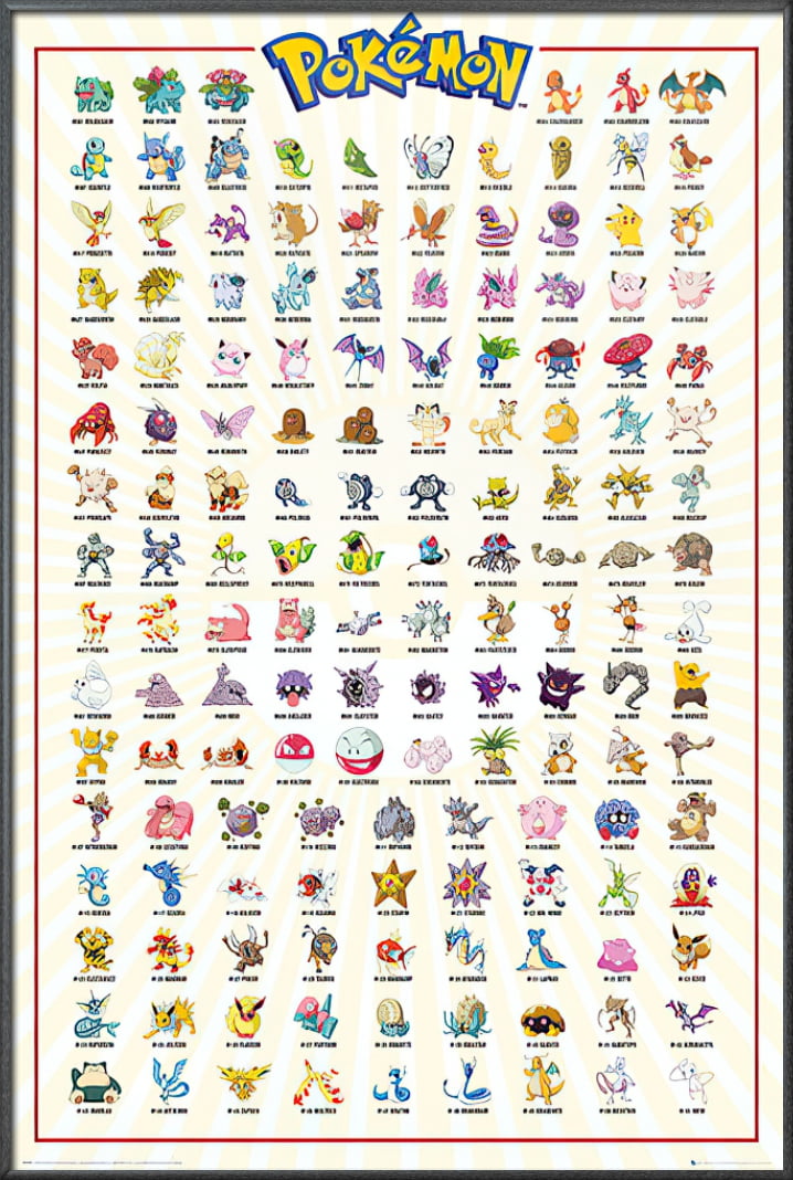 Pokemon - Framed TV Show / Gaming Poster (Kanto 151 - All 151 Pokemons) (Size: 25" X 37") (Metallic Anthracite Plastic Frame)