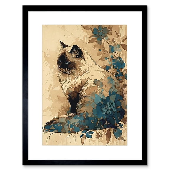 Ragdoll Cat with Floral Patterns Watercolour Illustration Artwork Framed Wall Art Print 9X7 Inch