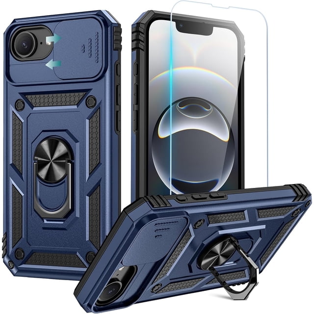 KOMI Compatible for iPhone 16e Case with Screen Protector - Slide Camera Cover Protective Phone Case with Ring Stand, Heavy Duty Shockproof Rugged Bumper for iPhone 16e Accessories
