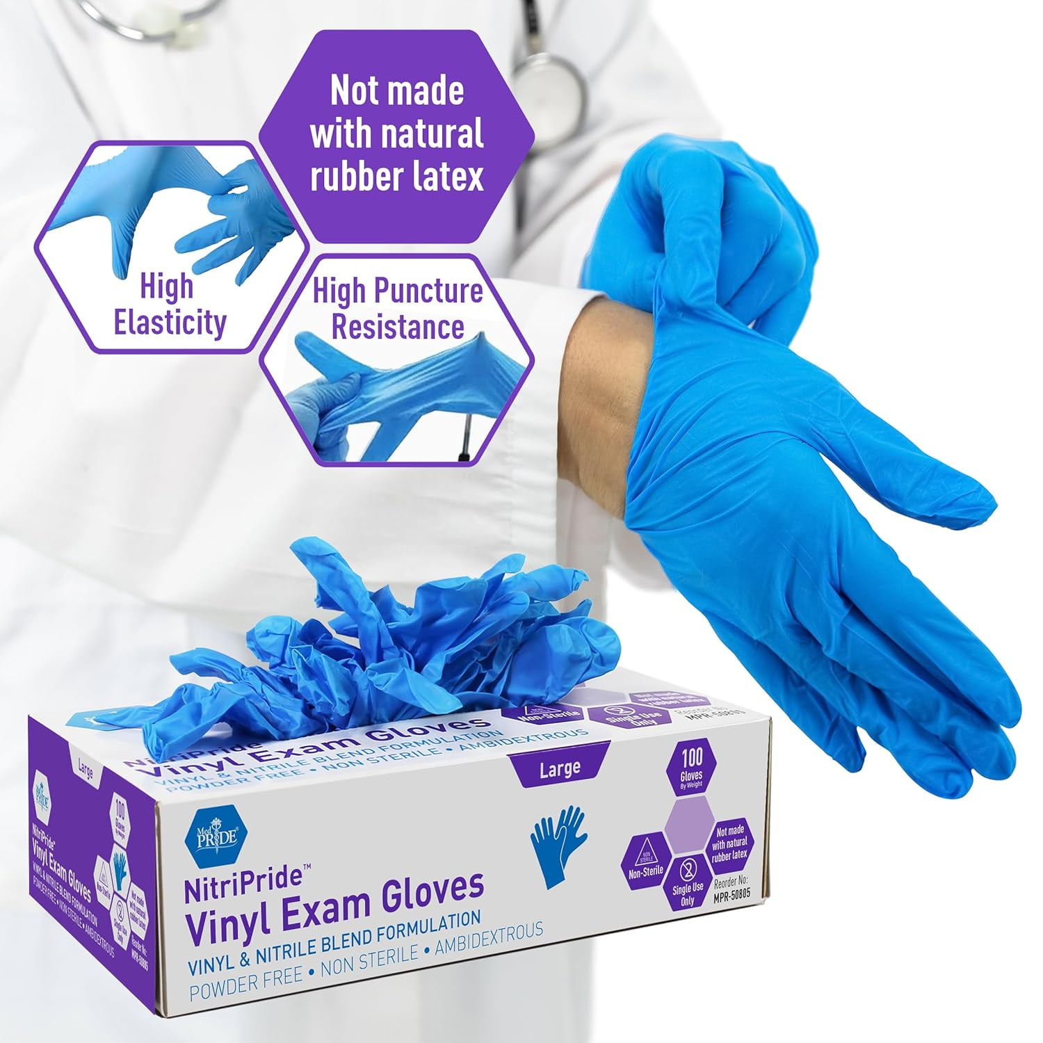 MedPride Nitrile Vinyl Exam Gloves Large 100pcs Disposable Latex