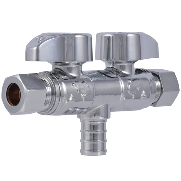 Sharkbite 1/2 x 3/8 x 3/8 Inch Brass Crimp Angle Stop Valve, Dual Shut Off, Quarter Turn, PEX Pipe, PE-RT, UCDS123838Z