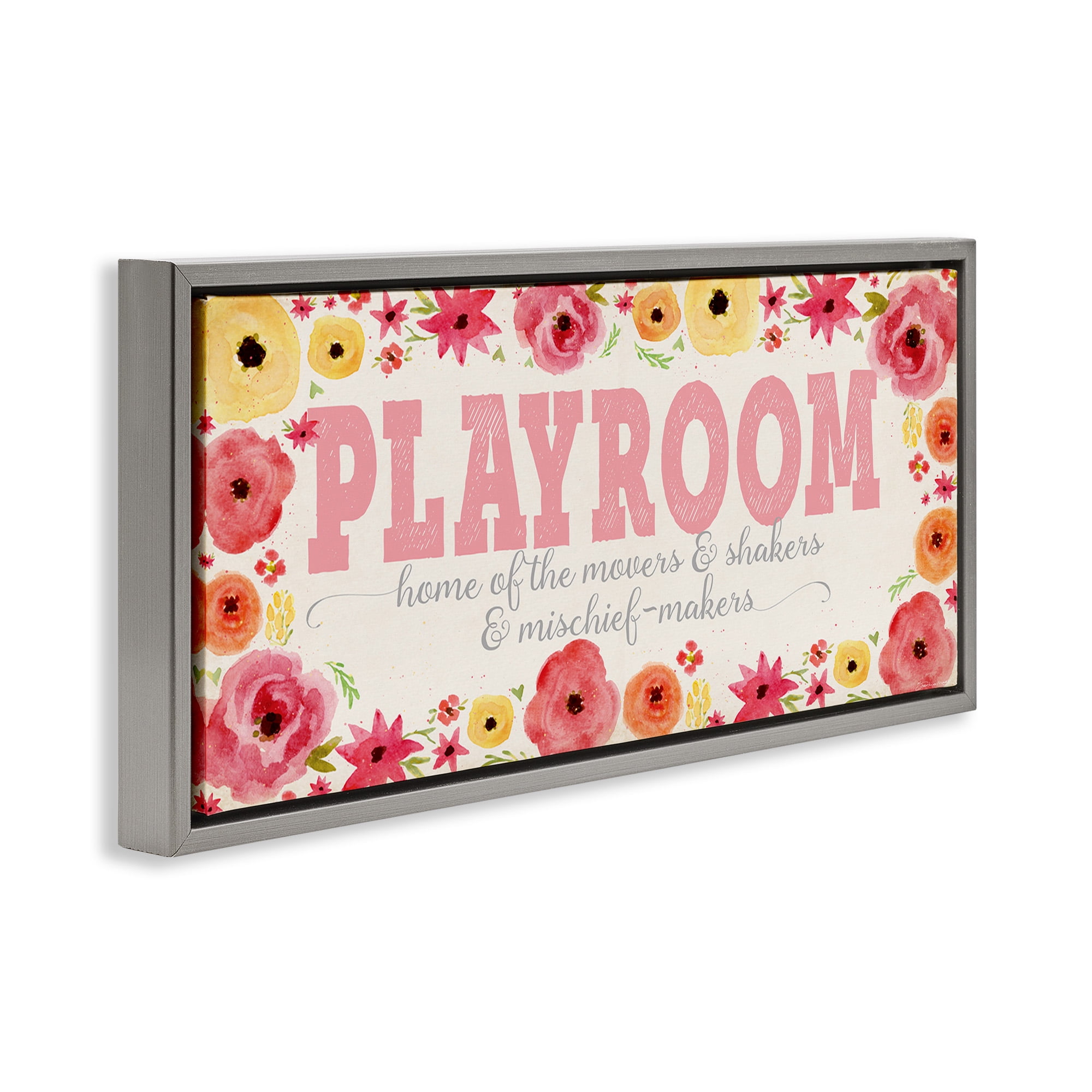 Stupell Industries Playroom Of Mischief Makers Pink Art for Kids Painting Gray Floater Framed Canvas Art Print Wall Art, 31 x 14