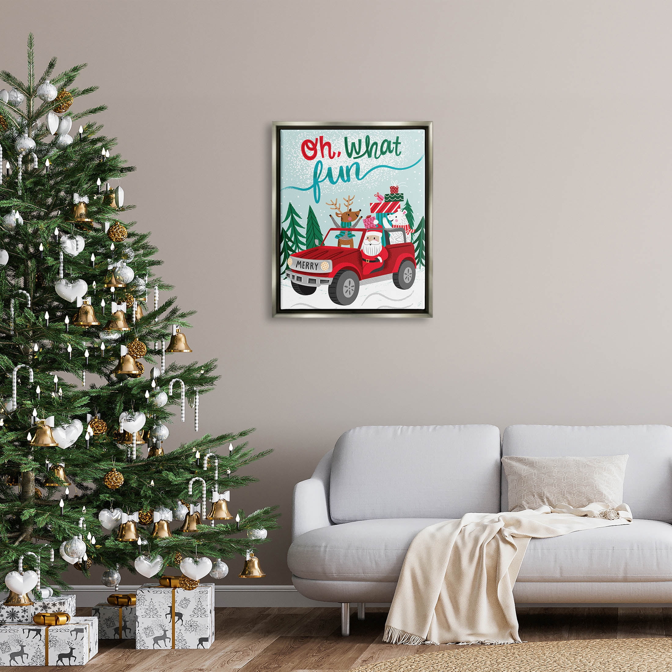 Oh What Fun Santa Driving Gifts Holiday Graphic Art Luster Gray Framed Art Print Wall Art
