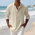 thumbnail image 2 of IROINNID Men Solid Slub Linen Blend Mandarin Collar Half Button Henley Shirt Roll Tab Adjustable Long Sleeve Loose Breathable Casual Vacation Pullover Top(Beige,2XL)Blouses & Tops, 2 of 9