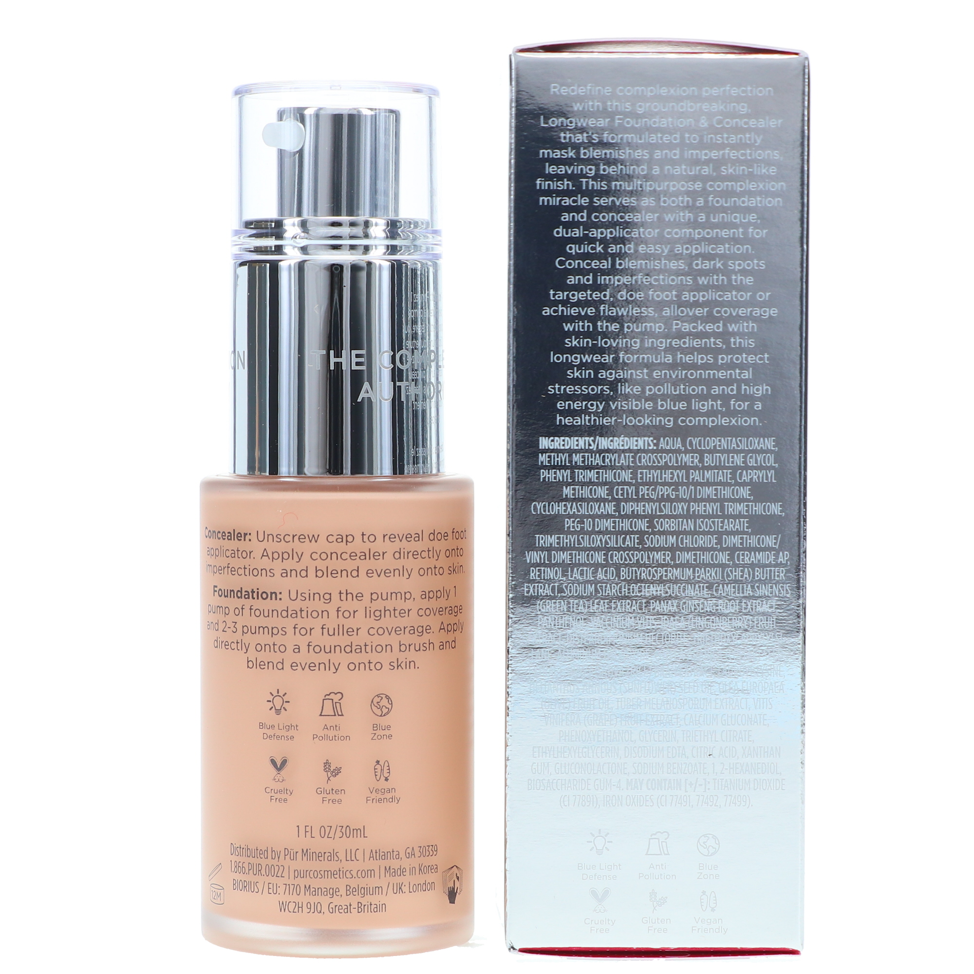 PÜR MINERALS 4-in-1 Love Your Selfie Longwear Foundation & Concealer Full Coverage, Hydrating Formula, Cruelty Free, 1.7 F. Oz.,Vanilla/LP4