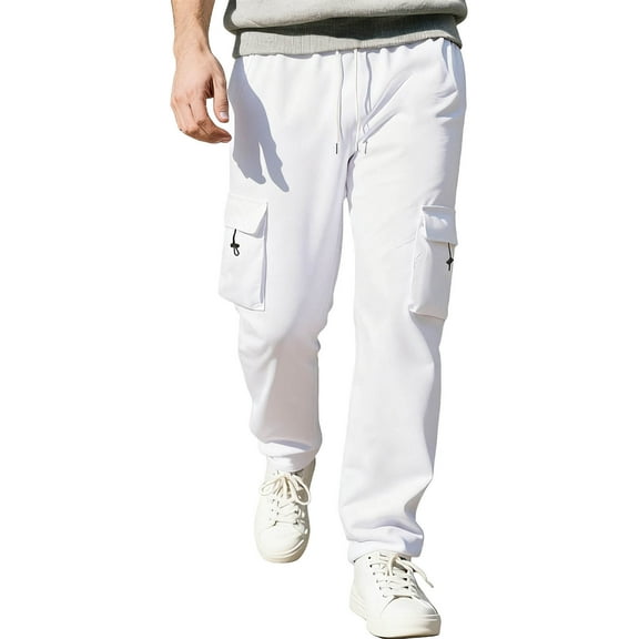 qelini Cargo Sweatpants for Men Elastic Waist Drawstring Pants Solid Straight Leg Pants Casual Trendy Trousers