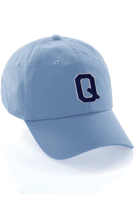 Customized Letter Intial Baseball Hat A to Z Team Colors, Sky Cap White Navy Letter Q