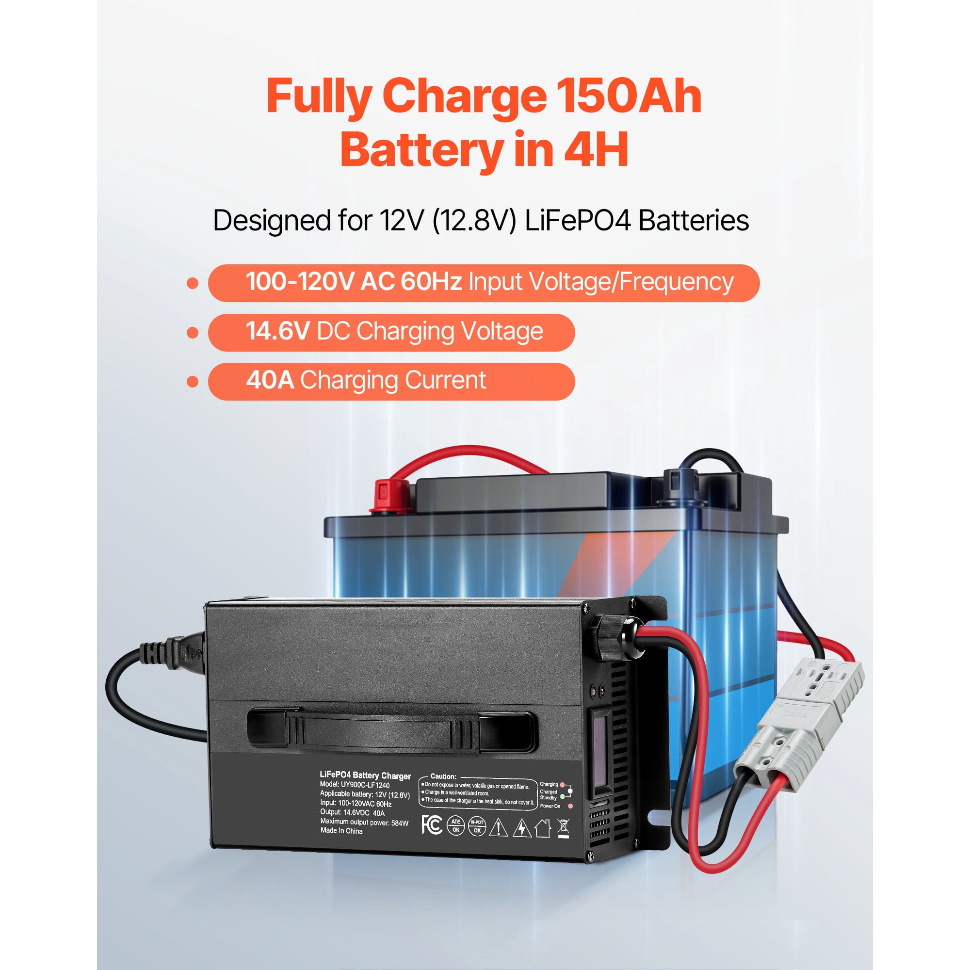 KFFKFF 12V 40A Lithium Battery Charger, 14.6V AC-DC LiFePO4 Smart Charger with Anderson Connector, LED Indicator, 0V Activation, Compatible with Lithium LiFePO4 Deep Cycle Batteries for Boats and RVs