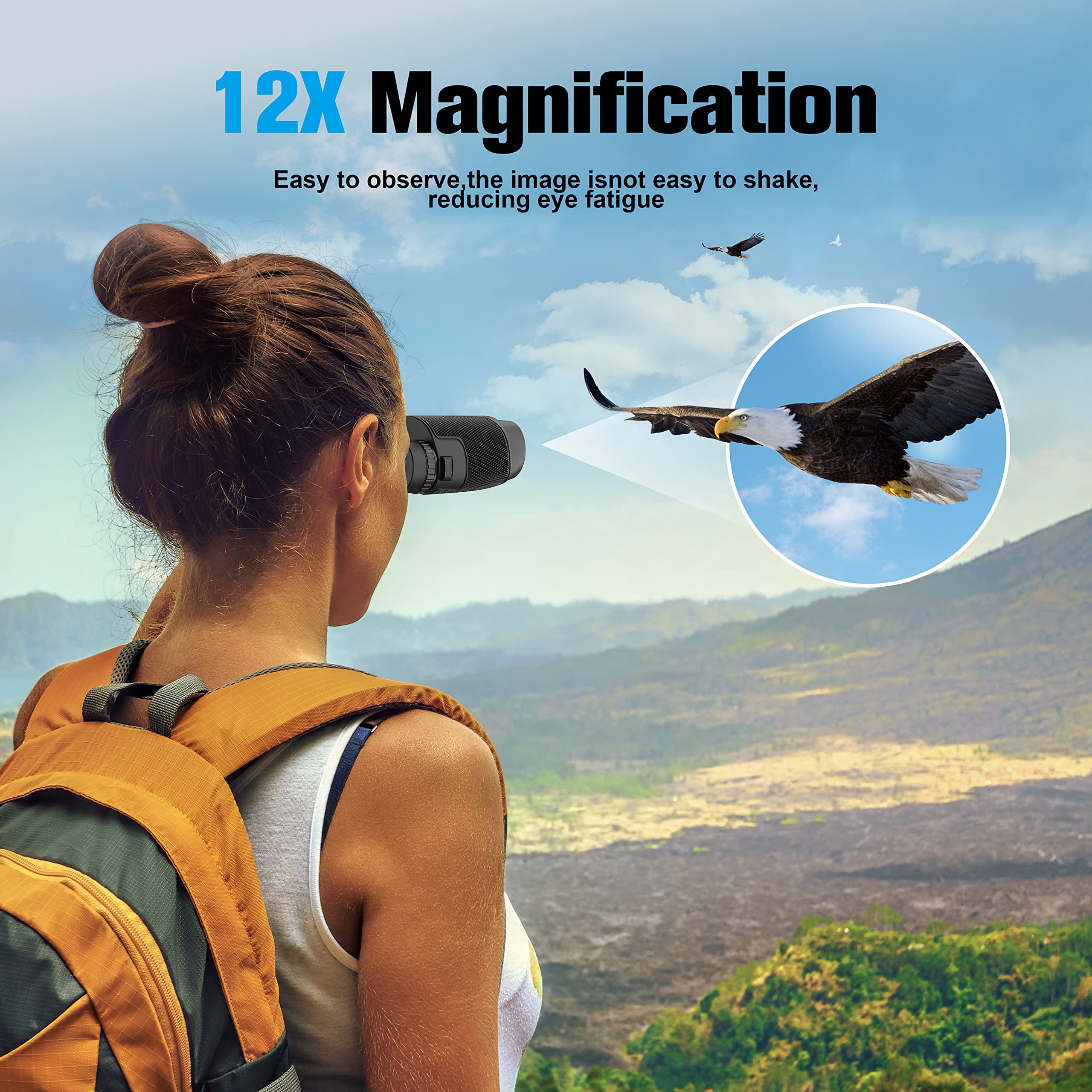 Binoculars 12x25 for Adults and Kids Low Light Vision Binoculars Compact Binocular Large Eyepiece Waterproof Binocular Wide Field of View for Bird Watching,Hiking,Hunting,Concert with Carrying Bag
