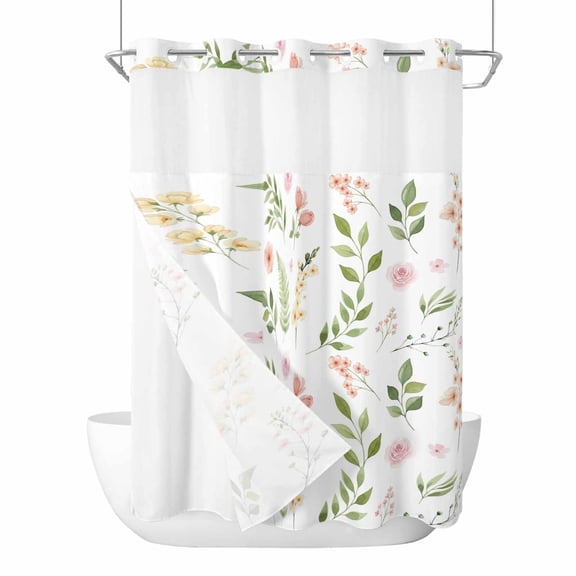 No Hook Pink Green Botanical Shower Curtain with Snap in Liner Set, Spring Watercolor Floral Leaf Plant Waterproof Bathroom Curtains with See Through Top Window, Hotel Style Extra Long 72 x 96 Inch