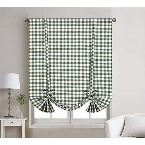 1 Piece Buffalo Check Plaid Gingham Rod Pocket Window Tie Up Shade Curtain Panel (42" X 63", Sage/Beige)