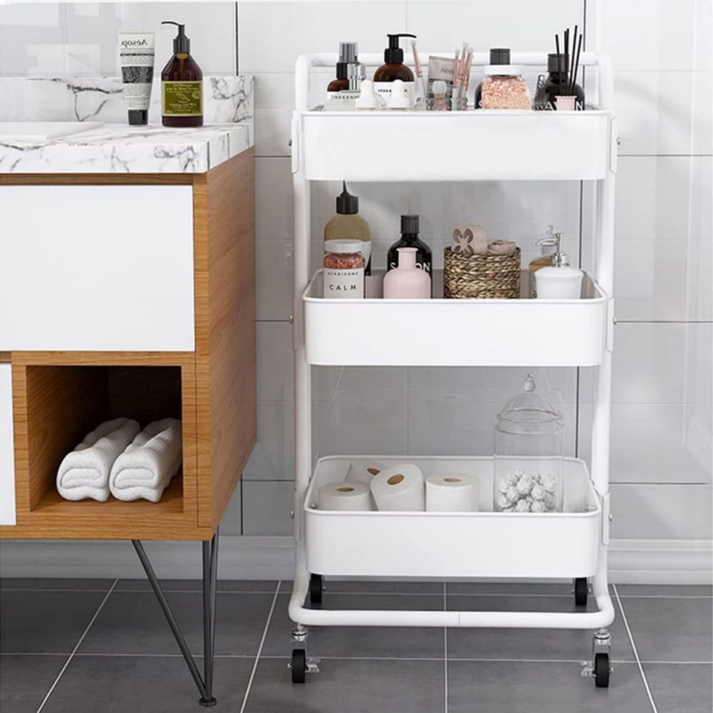 Kadyn 3 Tier Utility Carts with Lockable Wheels, Metal Rolling Cart with Handle, Storage Organizer Trolley Cart for Bathroom, White Kadyn 3 Tier Utility Carts with Lockable Wheels, Metal Rolling Cart with Handle, Storage Organizer Trolley Cart for Bathroom, White