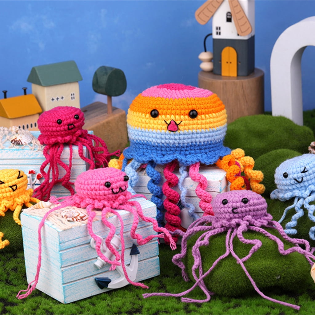DIY Crochet Starter, DIY Jellyfish Crochet Kits Including Crochet Hook, Yarns, Needle, Plastic Eyes, Needle Threader