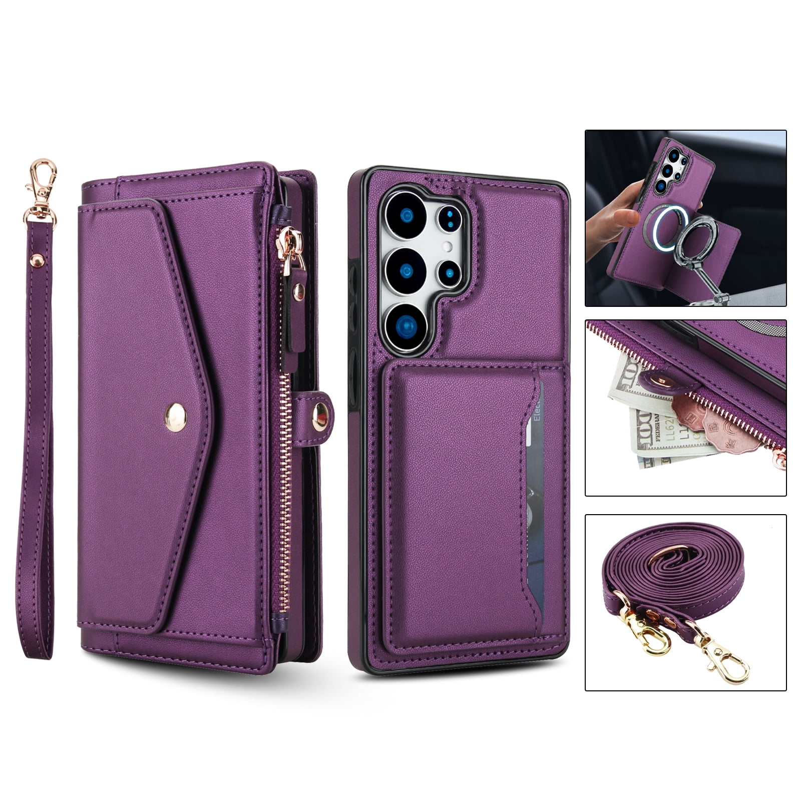 For Samsung Galaxy S26 Ultra Crossbody Wallet Phone Case,Magnetic Detachable Flip,With Shoulder Strap&Wrist Strap,Zipper Pocket,Card&Cash Slots,PU Leather Shockproof Rugged Phone Case,Purple