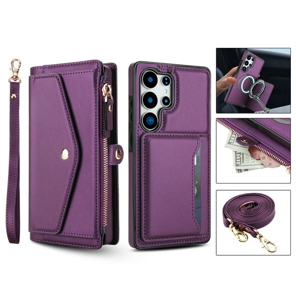 For Samsung Galaxy S25 Ultra Crossbody Wallet Phone Case,Magnetic Detachable Flip,With Shoulder Strap&Wrist Strap,Zipper Pocket,Card&Cash Slots,PU Leather Shockproof Rugged Phone Case,Purple