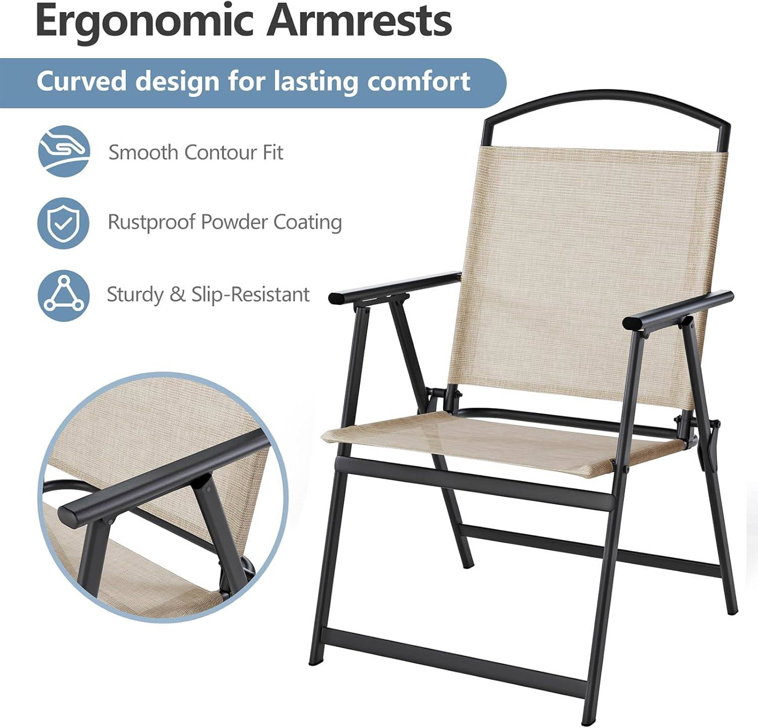 Folding Patio Chairs Set of 2, Outdoor Dining Chairs with Armrests, Breathable Textilene & Steel Frame for Lawn, Garden, Yard or Poolside - Beige