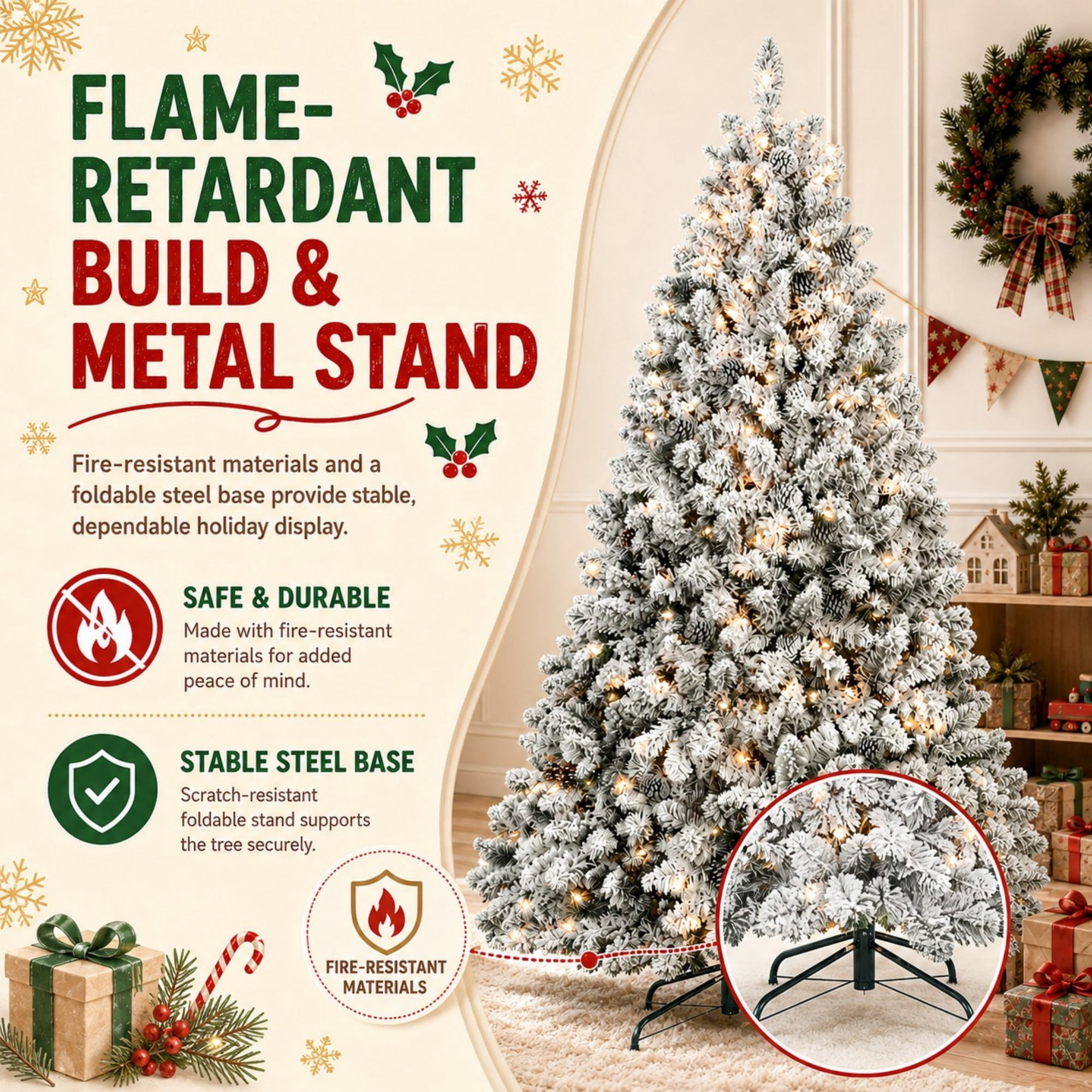 DEALTOPS 9 FT Snow-Flocked Pre-Lit Artificial Christmas Tree, 2240 Tips & 850 UL Lights, Pine Cones & Stand