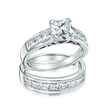 Brilliant Cut Square Ring 2 CT Round Solitaire Brilliant Cut Square Side AAA CZ Pave Band Engagement Wedding Ring Set For Women Sterling Silver ()