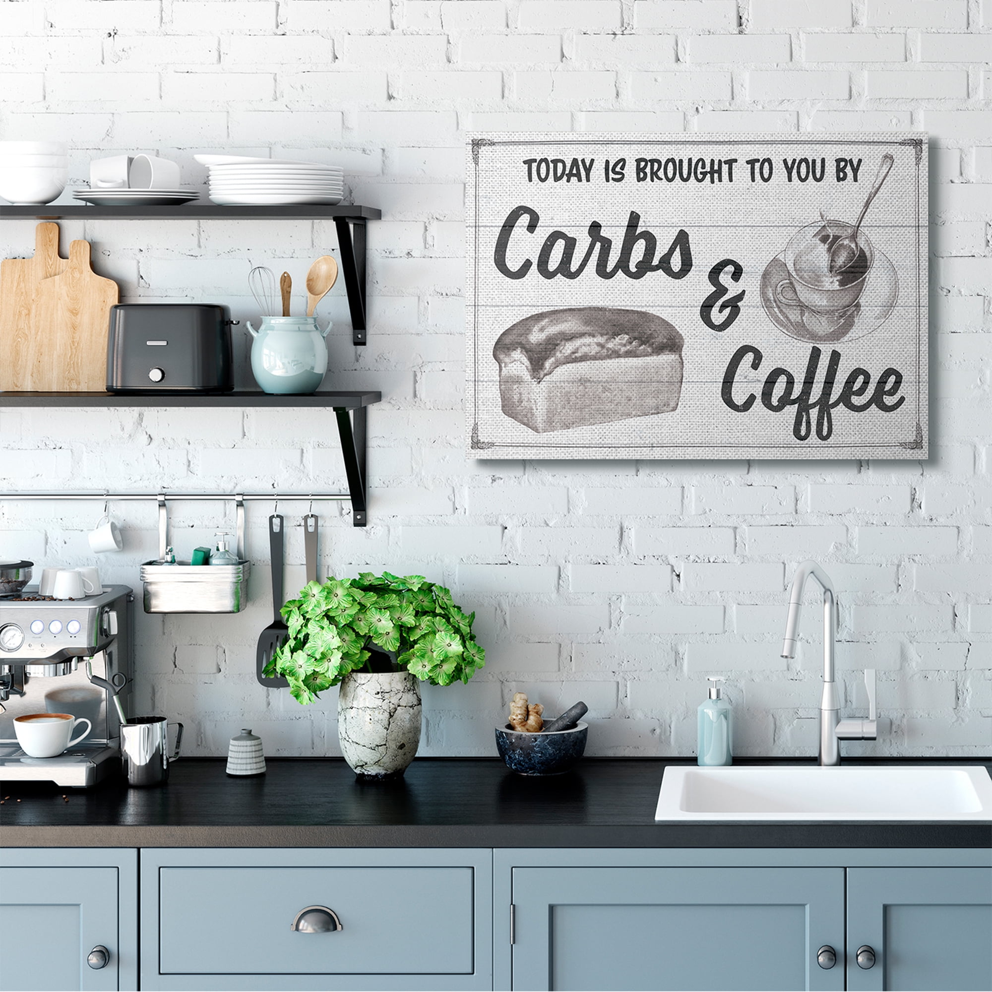 Carbs and Coffee Kitchen Humor Rustic Word Design 40 in x 30 in Painting Canvas Art Print, by Stupell Home Décor