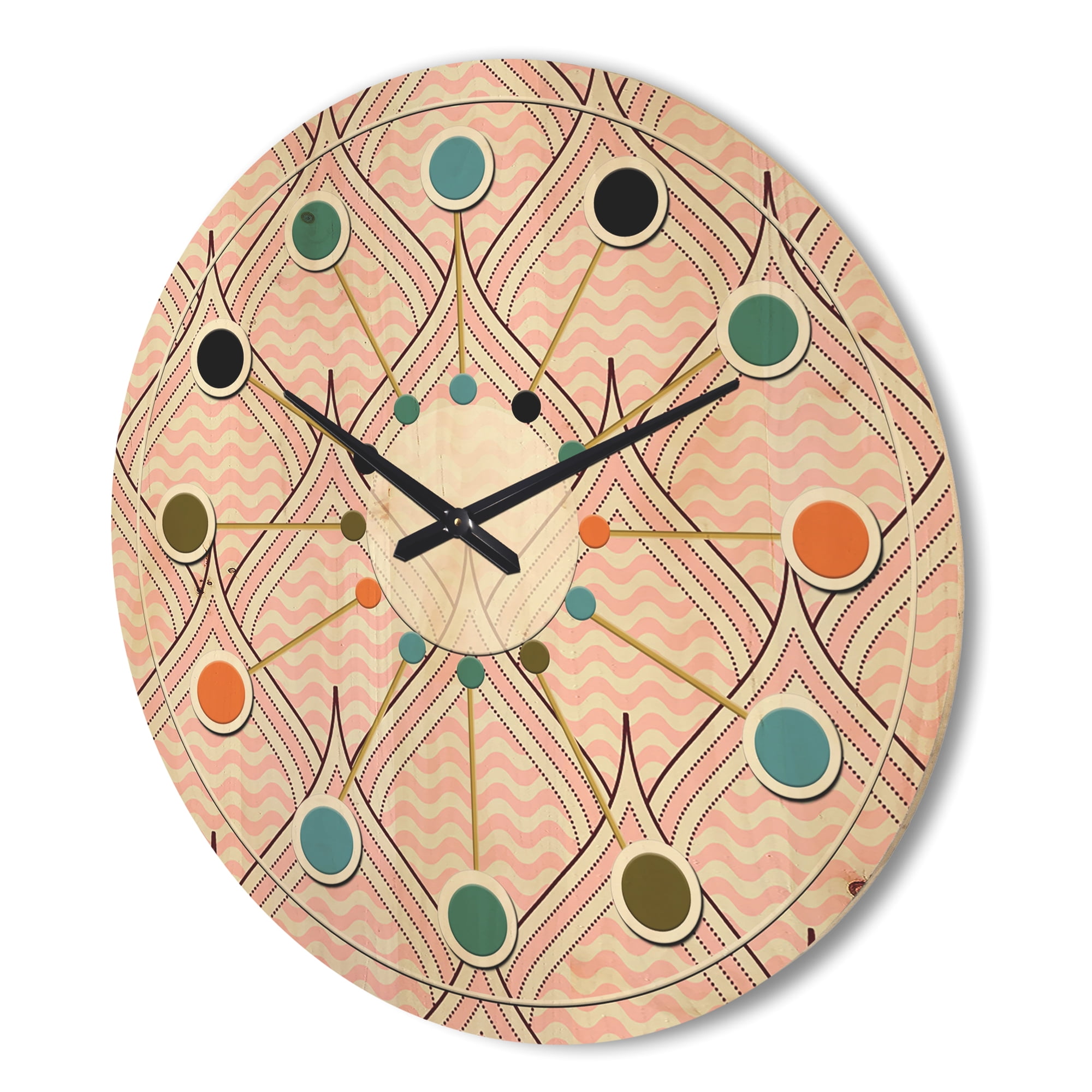 Designart 'Decorative Elements With Retro Ornament' Mid-Century Modern Wood Wall Clock