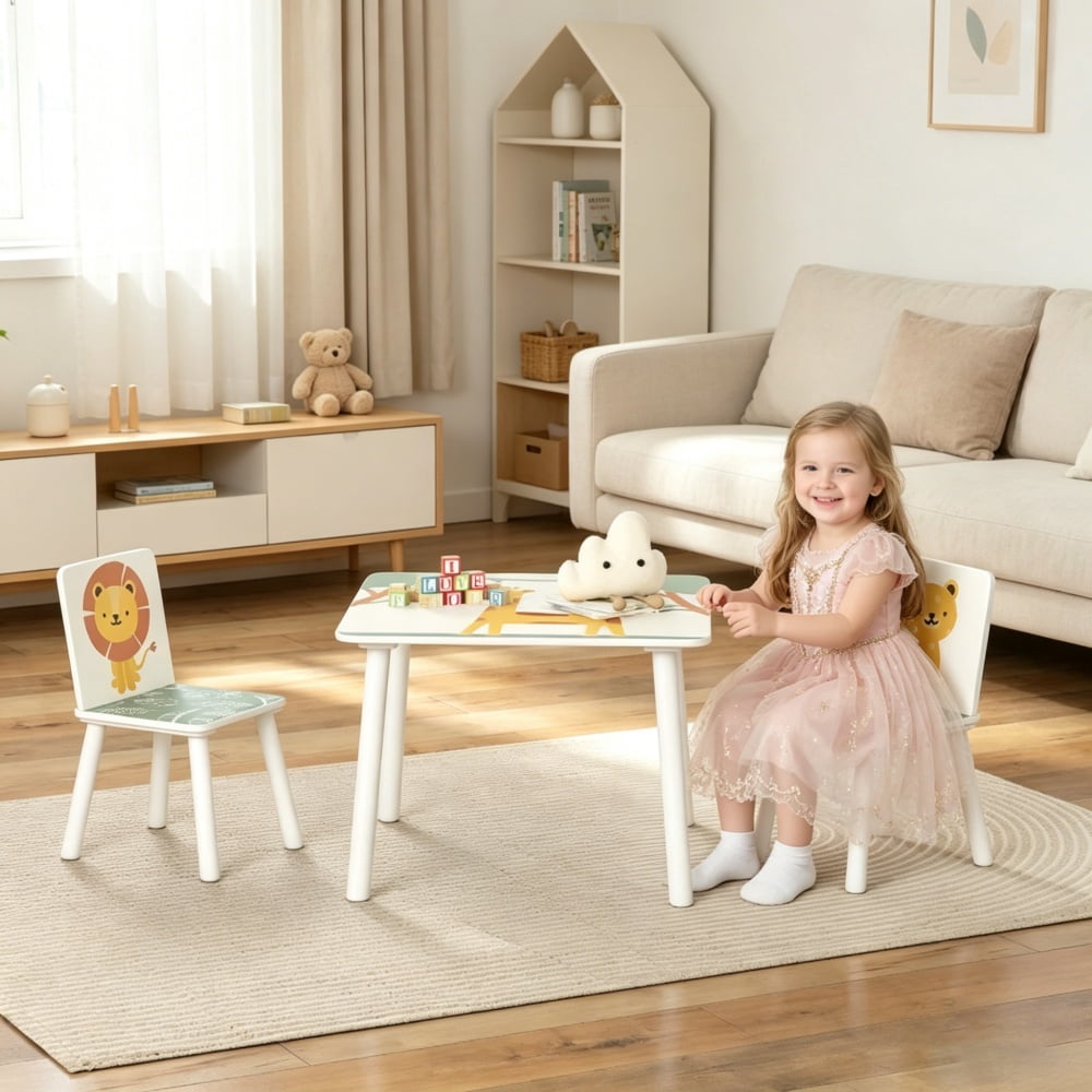 Kids Table and Chair Set, Green, MDF & Pine Material, 3-Piece (1 Table + 2 Chairs) for 3-8 Years Old Kids, Easy Assembly with Instruction Manual