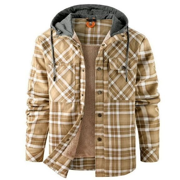 Mens Leather Jacket Plaid Hooded Velvet Warm Button Up Cardigan Business Loose Mens Workout Jacket,Khaki,XL