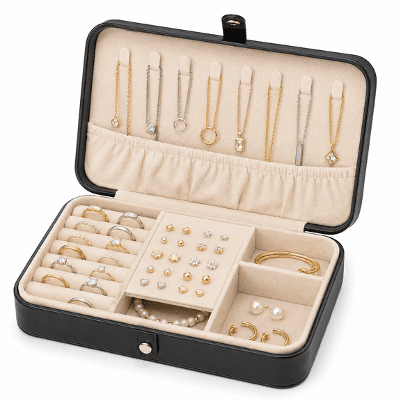 Kabuer Jewelry Box, Compact Organizer for Women, Gift for Jewelry Storage on The Go in Black