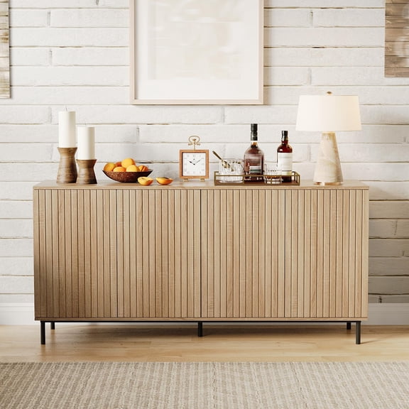 63" Modern Sideboard Cabinet, Kitchen Buffet Table with Adjustable Shelves, 4 Fluted Doors, Metal Legs, Storage Credenza for Entryway Living Room - Natural Oak
