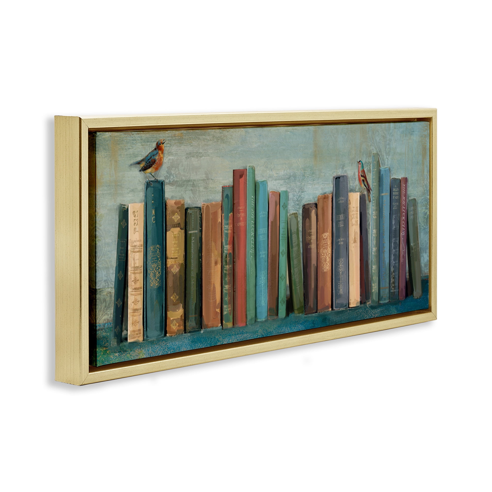 Stupell Industries Books And Birds Bookshelf Painting Animals & Insects Painting Gold Floater Framed Canvas Art Print Wall Art, 31 x 14