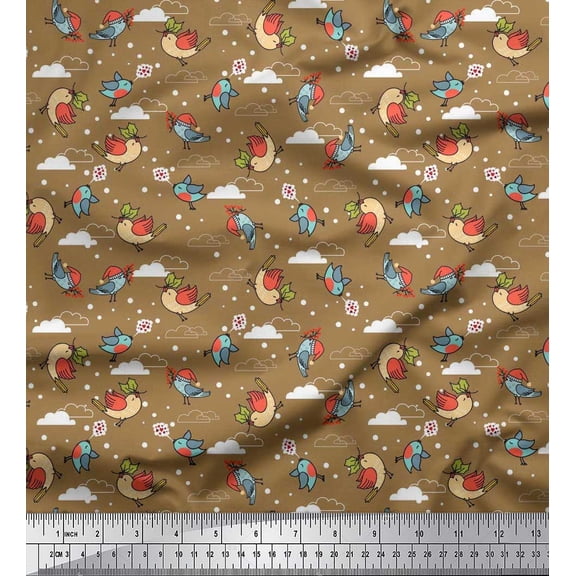 Soimoi Silk Fabric Dot,Cloud & Bird Cartoon Printed Fabric 1 Yard 42 Inch Wide