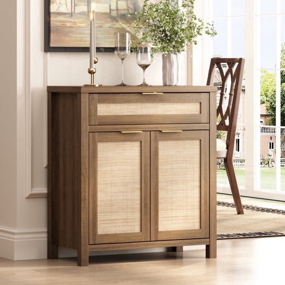 PieDle 30" Sideboards Buffets Cabinets with Drawer, Coffee Bar Cabinets with Rattan Doors for Living Room Kitchen