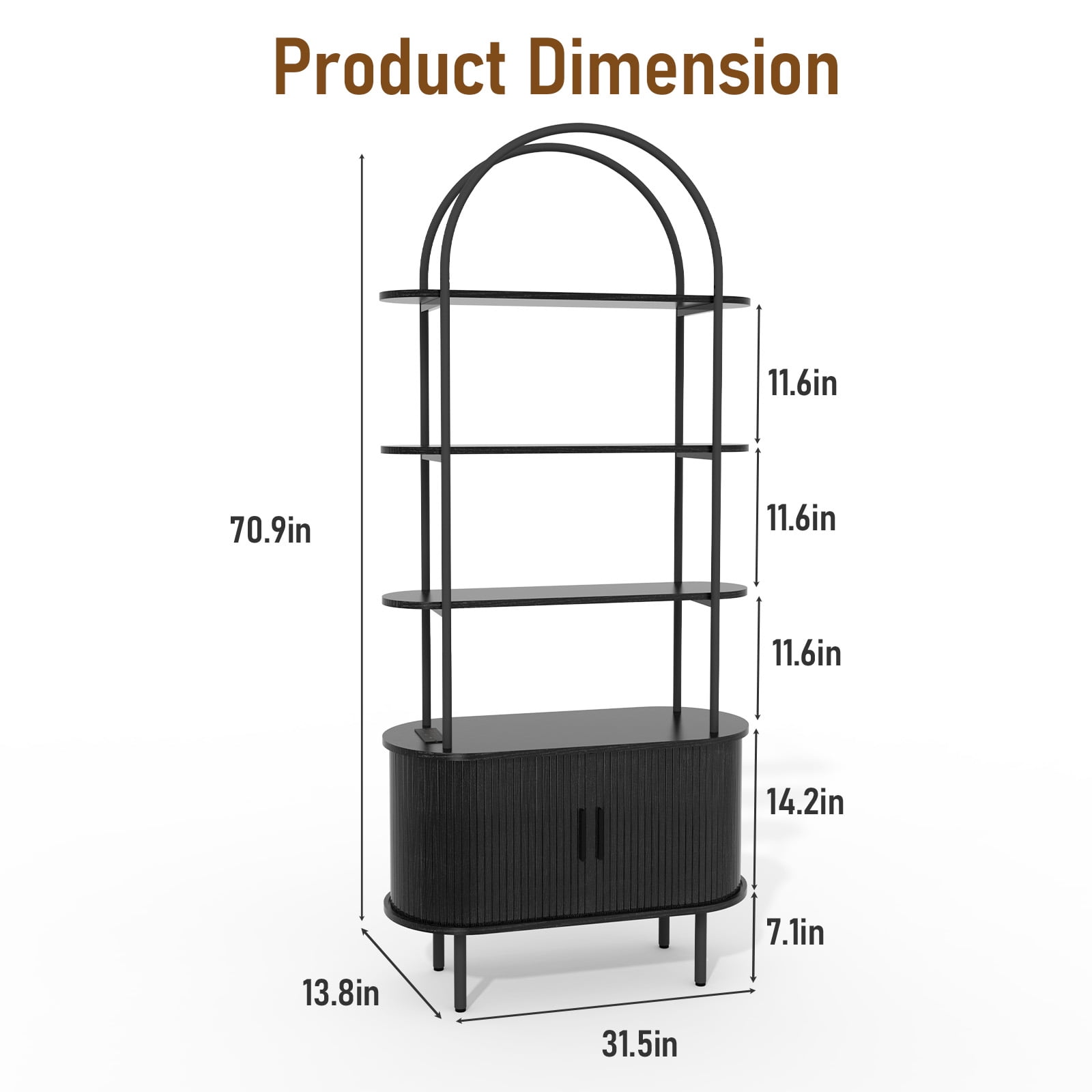 Arched Ceiling + 4-Layer Open Shelving + Double-Door Roller Shutter Display Case Display Rack with Socket (1USB+1Type-C) & Melamine Veneer & Iron Pipe Spray Paint, 31.5*13.78*70.87i, Black