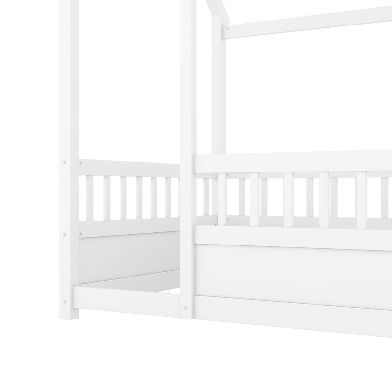 Bellemave Twin Size Montessori Bed, Wood Twin House Beds with Fence, Floor Bed with Roof for Bedroom Playroom（White）