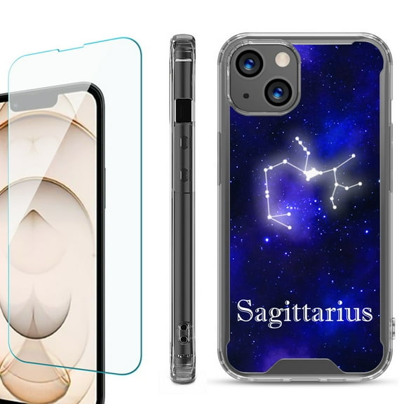 Shockproof Bumper Phone Case for iPhone 13, with Tempered Glass Screen Protector, by OneToughShield ® - Zodiac / Sagittarius