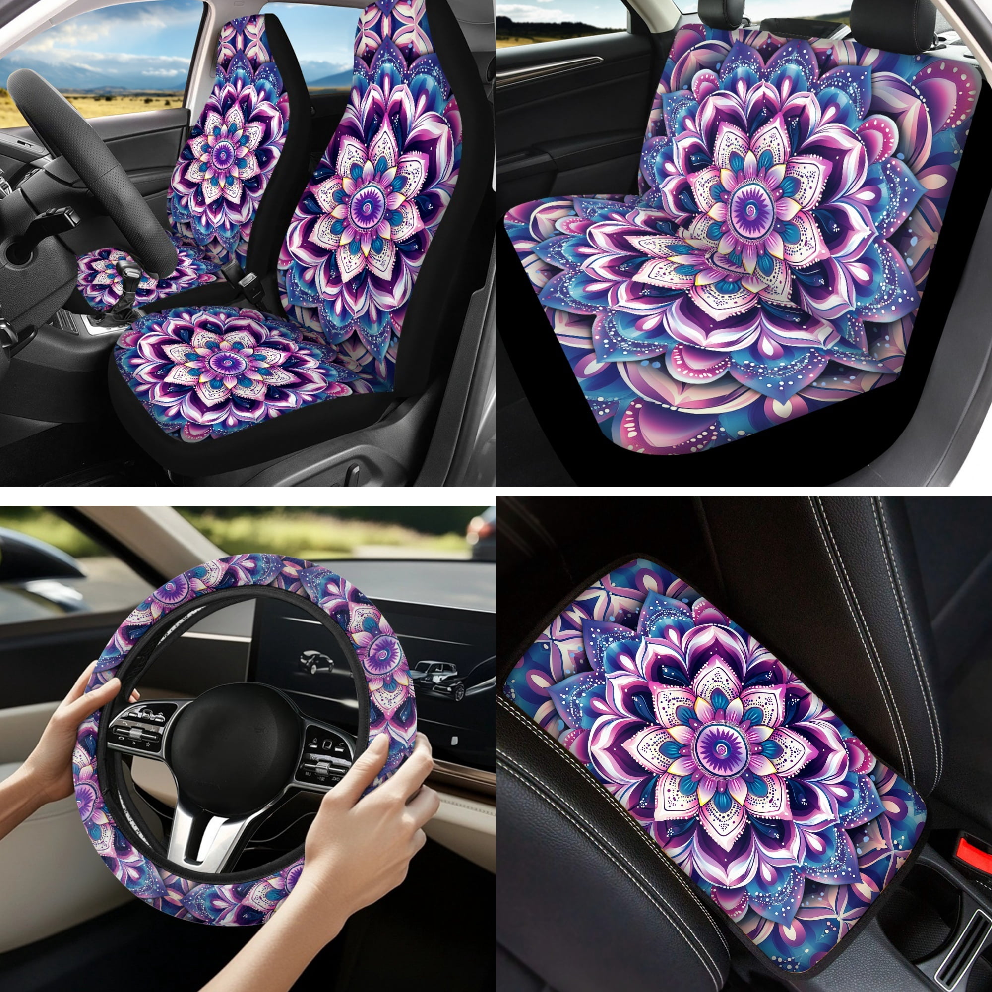 Jeiento Boho Mandala Flower Car Seat Accessories Set 13 Pcs, Car Seat Covers Full Set, Universal Steering Wheel Covers, Console Cover, Seat Belt Shoulder Pads, Cup Coasters, Purple Auto Decor