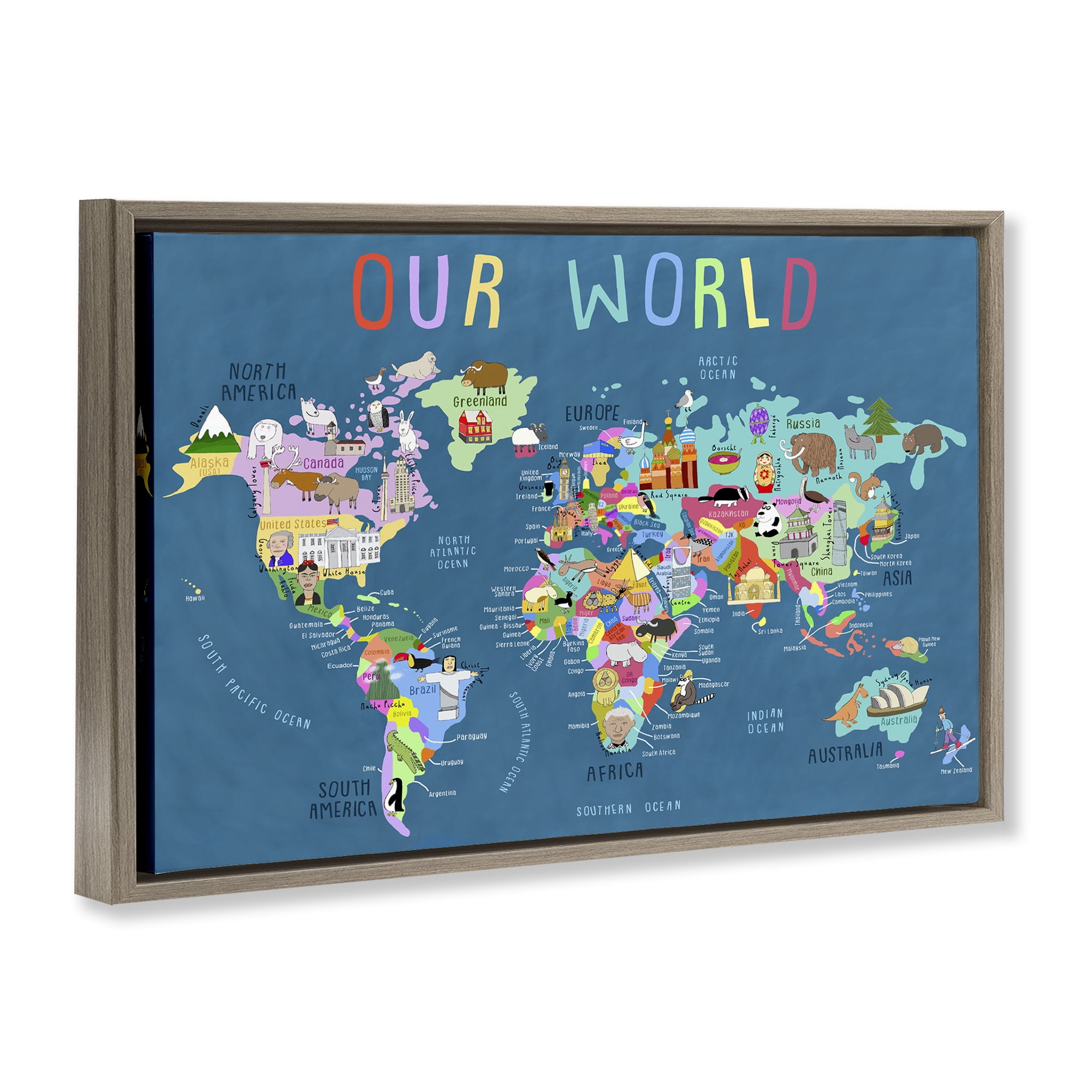Stupell Industries Our World Map Education Painting Brown Floater Framed Canvas Art Print Wall Art, 31 x 21
