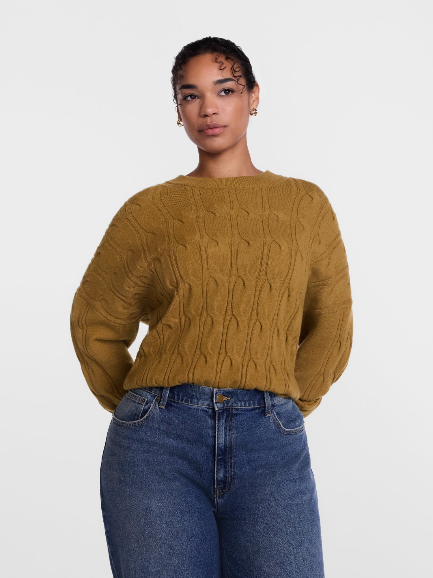 Scenario Women's Crewneck Cable Knit Mid-weight Sweater, Sizes XS-XXXL