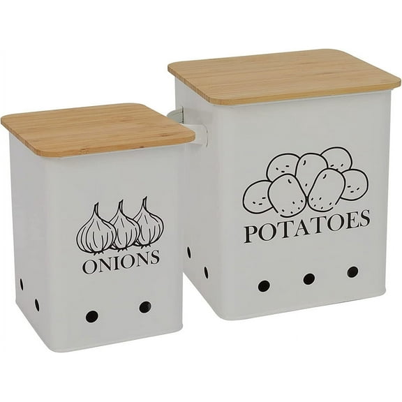 Pethiy Potato Onion Storage Bin, Kitchen Vegetable Storage Tins Set of 2 For Potatoes, Onion, with Wooden Lid Garlic Bin Caddy, Long Shelf Life-White