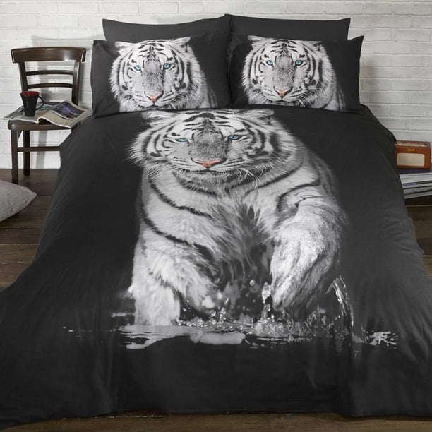 Negro Blanco Tigre Ropa de cama edredón completo / funda de edredón Juego de cama 3D Foto Real
